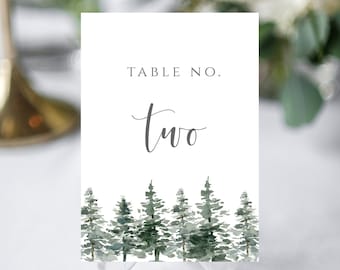 Mountain Wedding Table Card Number, Pine Table Number, Editable Table Number, Winter Wedding Decor, Table Number Instant Download, Forest