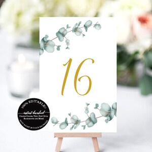 Rustic Table Numbers Wedding Template, Gold Table Numbers, Table numbers Cards Greenery, Eucalyptus Table Numbers, Wedding Number Signs