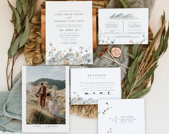 Aria | Mountain Wedding Invitation Template Suite, Wildflower Wedding Invitation Set, Boho Wedding Invite, Bohemian Woodland Rustic Instant