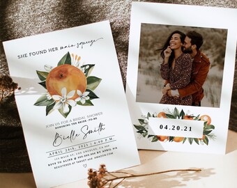 May include: Two white bridal shower invitations. One features an orange illustration with text "SHE FOUND HER main squeeze" and event details. The other has a photo and the date "04.20.21".