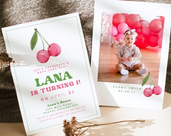 Cherry Birthday Invitation, Cherry Birthday Invitation Template, Cherry Sweet Birthday, Cherry Party, Editable Girls Birthday Party Invite