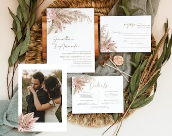 Clio | Pampas Wedding Invitation Template Suite, Pampas Gras Wedding Invitation Printable Set, Bohemian Wedding Invitation Kit