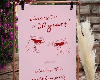 Cheers to 30 Years Welcome Sign, Aesthetic Birthday Welcome Sign, Modern Birthday Welcome Sign Template, Pink Birthday Decor, 100% Editable