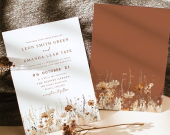 Modern Terracotta Boho Wedding Invitation, Watercolor Autumn Wedding Invite, Floral Wedding Invitation, Editable Template DIY