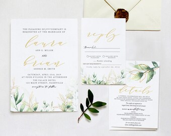 Greenery Wedding Invitation Template Download, Instant Download, Printable Invite, 100% EDITABLE, RSVP and Details, DIY Wedding, Templett