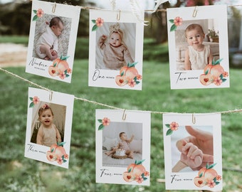 May include: A string of baby milestone photos clipped to a twine line, displayed outdoors. Each photo is framed with a peach and floral design, with text indicating the baby's age in months. The photos are of babies from newborn to five months old.