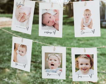 ELLIA | First Birthday Photo Banner, Minimalist Monthly Milestone Photo Cards, Gender Neutral First Birthday, Modern Boho First Birthday