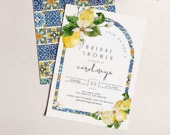 May include: A white invitation with a blue and yellow border featuring a watercolor illustration of lemons and flowers. The text reads "Join us for a Bridal Shower in honor of Carol Mayo, Saturday, April 23, 20xx at 4:00pm. The Limao Hotel, 1234 Main St., Los Angeles. Kindly RSVP to Emma (345) 567.890.7654. Registered at Target and Amazon."