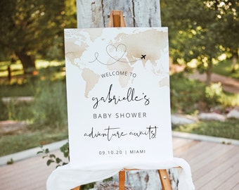 Letrero de bienvenida para baby shower con mapa de acuarela, póster de bienvenida para baby shower de aventuras, baby shower con temática de viajes, baby shower de destino