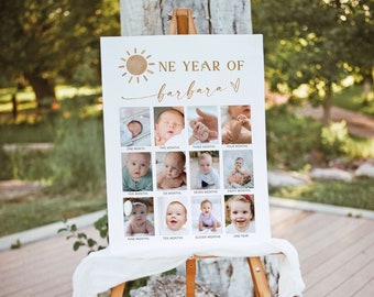 Plantilla imprimible de póster fotográfico del primer año del bebé con diseño de sol, cartel de collage fotográfico del primer cumpleaños con diseño de sol, tablero editable del año en imágenes estilo boho DIY
