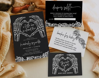 Halloween Baby Shower Invitation Bundle, Gothic Baby Shower Invitation, Skull Baby Shower Invitation, A little Boo is Almost Due, Editable