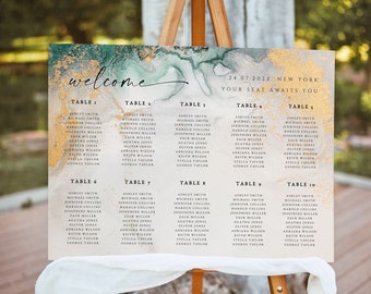 Emerald Watercolor Seating Chart Template, Printable Hunter Green & Gold Wedding Seating Plan, Modern Table Seat Sign, Instant Download DIY