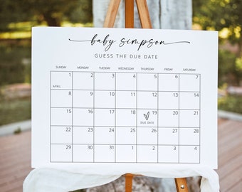 Minimalist Baby Due Date Calendar Sign, Guess the Birthday Baby Shower Game, Editable Template, Instant Download, Templett | MIA