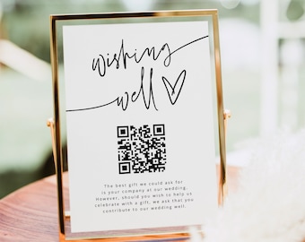 結婚式の願いの井戸QRコードサイン、願いの井戸QRコード、QRウェディングファンドインサート、Venmoウェディングキャッシュギフト、モダンなウェディングレセプションテーブルDIY