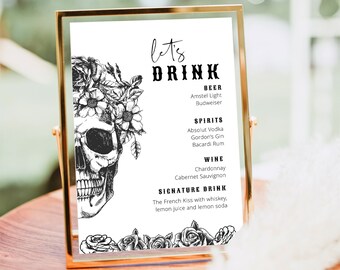 Skull Gothic Drink Menu Template, Let's Drink Halloween Bar Menu, Skeleton Cocktail List, Halloween Drink Menu, Printable Gothic Menu Bar