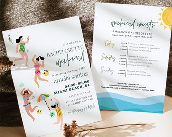 Itinerário para despedida de solteira na praia, convite para despedida de solteira tropical, convite para despedida de solteira na piscina, itinerário editável para despedida de solteira,