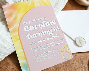 May include: A party invitation with a tie-dye design in yellow, orange, and blue. The invitation is for Caroline's 6th birthday, with details including the date, time, and location. A peace sign is at the bottom.