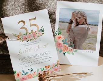 Invitación de cumpleaños número 35, Invitación elegante de cumpleaños número 35, Treinta y cinco cumpleaños, Invitación de cumpleaños floral para adultos, 35 cumpleaños, Editable
