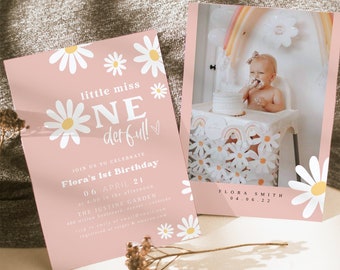 May include: Pink invitation with white daisies and the text "little miss NE der full!"  Join us to celebrate Flora's 1st Birthday 06 April 21 at 4:00 in the afternoon The Justine Garden 400 willow boulevard, denver colorado RSVP to family at email@email.com registered at target & amazon.com Flora Smith 04.06.22