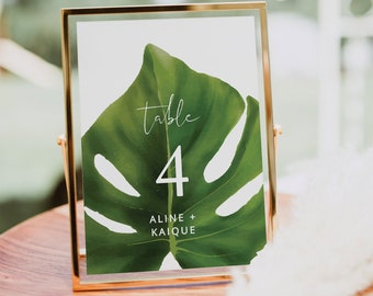 Modern Greenery Table Number Template, Tropical Wedding Table Cards, Botanical Wedding Table Decor, Editable Leaf Number Card Decor, Digital