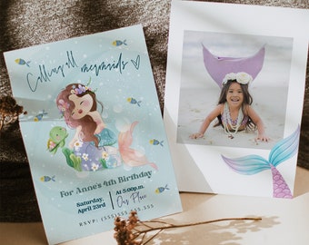 Mermaid Birthday Invitation Template, Editable Mermaid Birthday Invitation, Watercolor Mermaid, Mermaid Birthday Invitation with Picture
