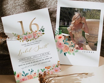 May include: A white invitation card with a gold number 16 and floral design. The text on the card reads "Please join us for a birthday celebration honoring Izabel Smith April 24th, 2021 | 4:00 P.M. 123 Main St, Los Angeles, CA 000 RSVP to Aline @ 000.000.000 by April 6th registered at Target and Amazon.com".