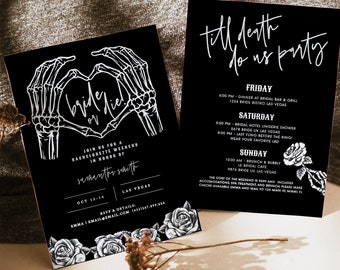 Bride or Die Bachelorette Invitation & Itinerary, Till Desth Do Us Party Bachelorette, Skull Bachelorette, Halloween Bachelorette Party DIY