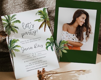 CLAIRO | Palm Tree Birthday Invitation Template, Tropical Birthday Invitation, Beach Birthday Invitation Digital, Summer Birthday Evite DIY