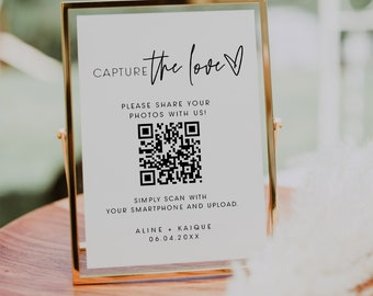 ELLIA | Placa de código QR Capture the Love, Placa de mesa moderna para recepção de casamento, Placa minimalista para fotos de casamento, Código QR de casamento, Compartilhe o amor