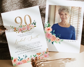 90th Birthday Invitation, Elegant 90th Birthday Invitation, Ninetieth Birthday, Floral Adult Birthday Invitation, 90 Birthday, Editable, DIY