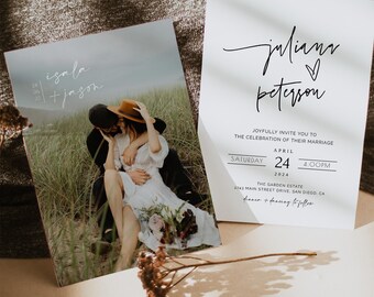 May include: Wedding invitation with a white background and black text. The invitation reads "Joyfully invite you to the celebration of their marriage" and includes the names "Juliana Peterson" with a heart symbol. The date is Saturday, April 24, 2024 at 4:00 PM. The location is The Garden Estate, 2743 Main Street Drive, San Diego, CA. The invitation also includes the text "dinner + dancing to follow".