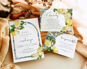 Amalfi Baby Shower Invitation Suite, Lemon Blue Tiles Baby Shower Invitation, Italian Baby Shower Invite, Positano Baby Shower Invite Set