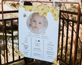 Baby Milestone Board Template, Bee Birthday Milestone Board Printable, Honey Birthday Sign Instant Download, Bumble Bee My First Year