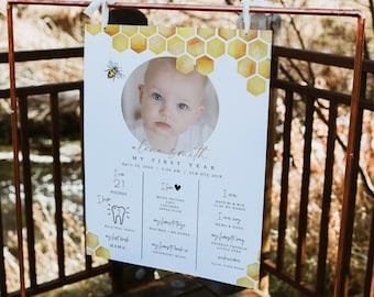 Baby Meilensteintafel, Biene Geburtstag Meilensteintafel zum ausdrucken, Honig Geburtstag Zeichen Sofortdownload, Hummel mein erstes Jahr