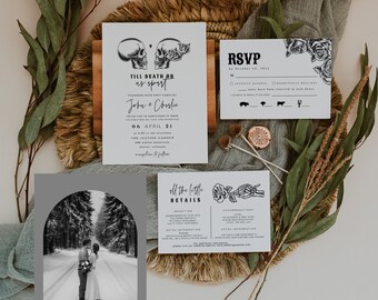 Halloween Wedding Invitation Template, Til Desth Wedding Invitation, Gothic Wedding Invitation, Skeleton Wedding, Vintage Wedding Evite