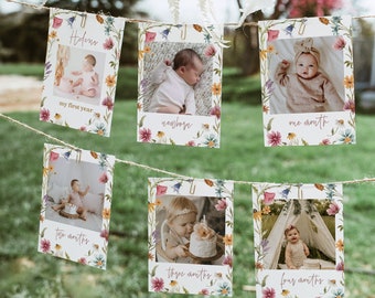 Wildflower First Year Photos, Floral 1st Birthday Photo Display Banner, Monthly Photo Banner, Girl Photo Banner, Floral Milestone Banner