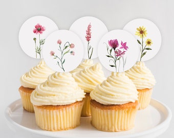 Wildflower Cupcake Toppers, Little Wildflower Shower or Birthday Favor Tags, Floral Cupcake Toppers Favor Stickers Round or Square, Boho DIY