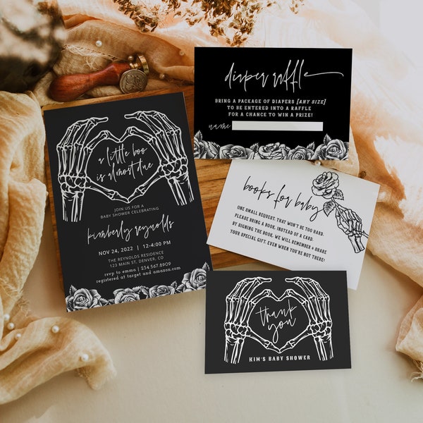 Halloween Baby Shower Invitation Bundle, Gothic Baby Shower Invitation, Skull Baby Shower Invitation, A little Boo is Almost Due, Editable