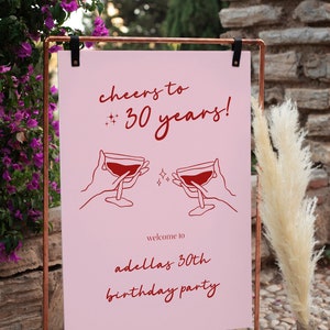 Cheers to 30 Years Welcome Sign, Aesthetic Birthday Welcome Sign, Modern Birthday Welcome Sign Template, Pink Birthday Decor, 100% Editable