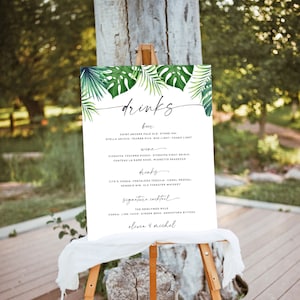 Tropische Hochzeit Bar Menü Zeichen Vorlage, Strand Hochzeit Bar Zeichen, Palmblatt Zeichen für Hochzeit Bar, druckbare Bar Menü Templett