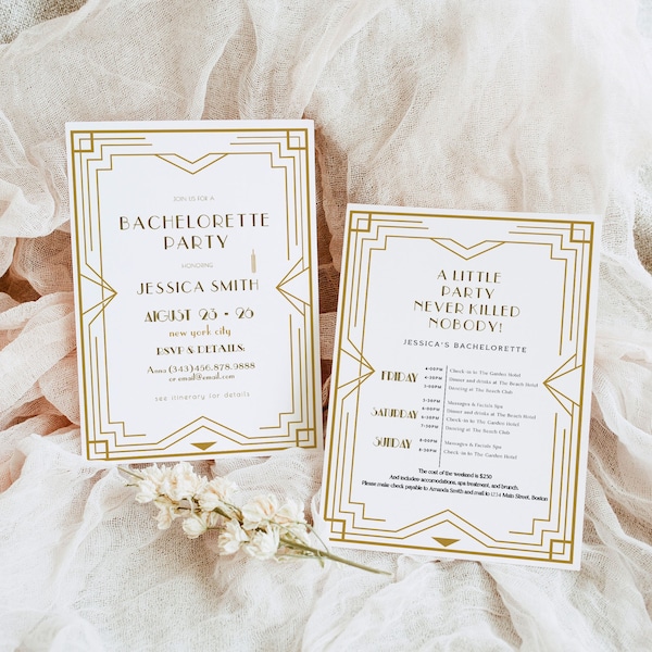 Art Deco Bachelorette Invitation & Itinerary, Modern Art Deco Bachelorette Invite, Gatsby Bachelorette Party Evite Itinerary 20's