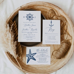 Nautical Wedding Invitation Template, Nautical Wedding Suite, Destination Wedding Invite, Navy Wedding Invitation Set, Ocean Wedding Invite