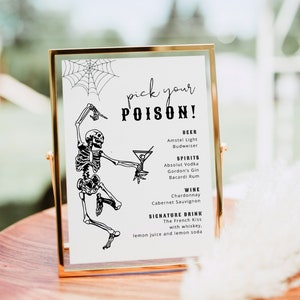 Pick Your Poison Sign, Halloween Bar Menu Template, Spooky Skeleton Bar Sign, Halloween Cocktail Menu Template, Adult Halloween Party Decor