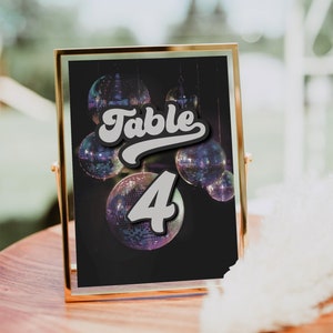 Groovy Retro Table Numbers Card Template, 70's Groovy Disco Ball Table Numbers Editable, Groovy Party Decor Table Seating Card Editable DIY