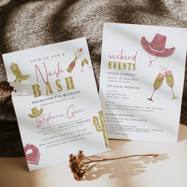 Nashville Bachelorette Itinerary, Nash Bash Bachelorette Itinerary Template, Nash bash Evite, Nash Bash Invitation, Bachelorette Itinerary