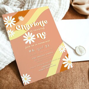 Donna | Editable Daisy 1st Birthday Party Invitation, Boho Retro Groovy Floral 70&#39;s Birthday Party, Hippie Festival Vibes Party, Templett