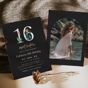 Elegant 16th Birthday Invitation, 16th Birthday Invitation Template, Sixteenth Birthday Invite Instant Download Printable, Black Invitation