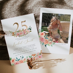 25th Birthday Invitation, Elegant 25th Birthday Invitation, twenty five Birthday, Floral Adult Birthday Invitation, 25 Birthday, Editable