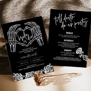 Bride or Die Bachelorette Invitation & Itinerary, Till Desth Do Us Party Bachelorette, Skull Bachelorette, Halloween Bachelorette Party DIY