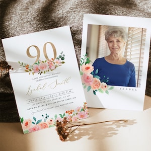 90th Birthday Invitation, Elegant 90th Birthday Invitation, Ninetieth Birthday, Floral Adult Birthday Invitation, 90 Birthday, Editable, DIY